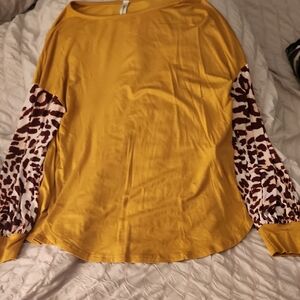 Emerald Mustard Top with Leopard Print Sleeves